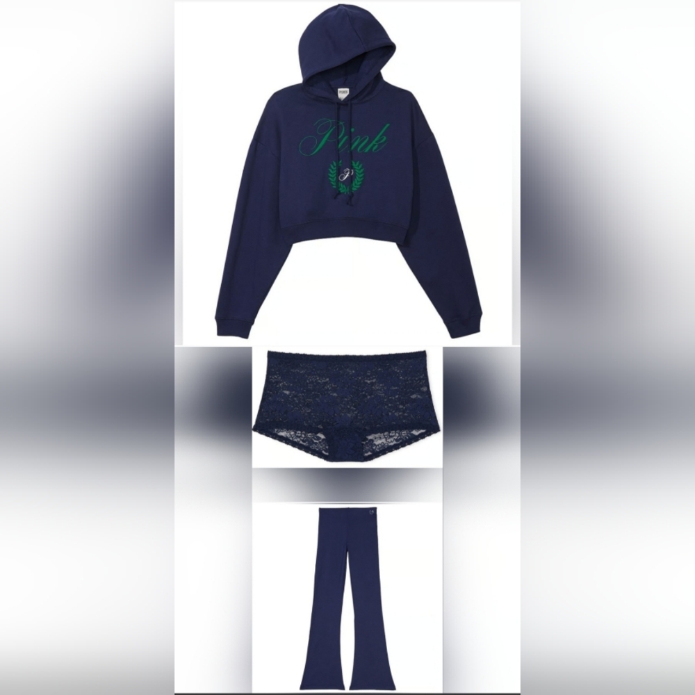 XXL VS PINK Cropped Pullover Hoodie Winter Flare Leggings Wink Panty Set Navy